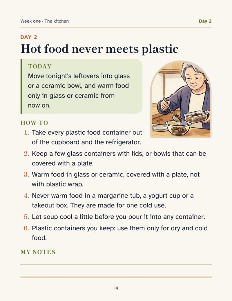 Day 2, hot food never meets plastic, left page